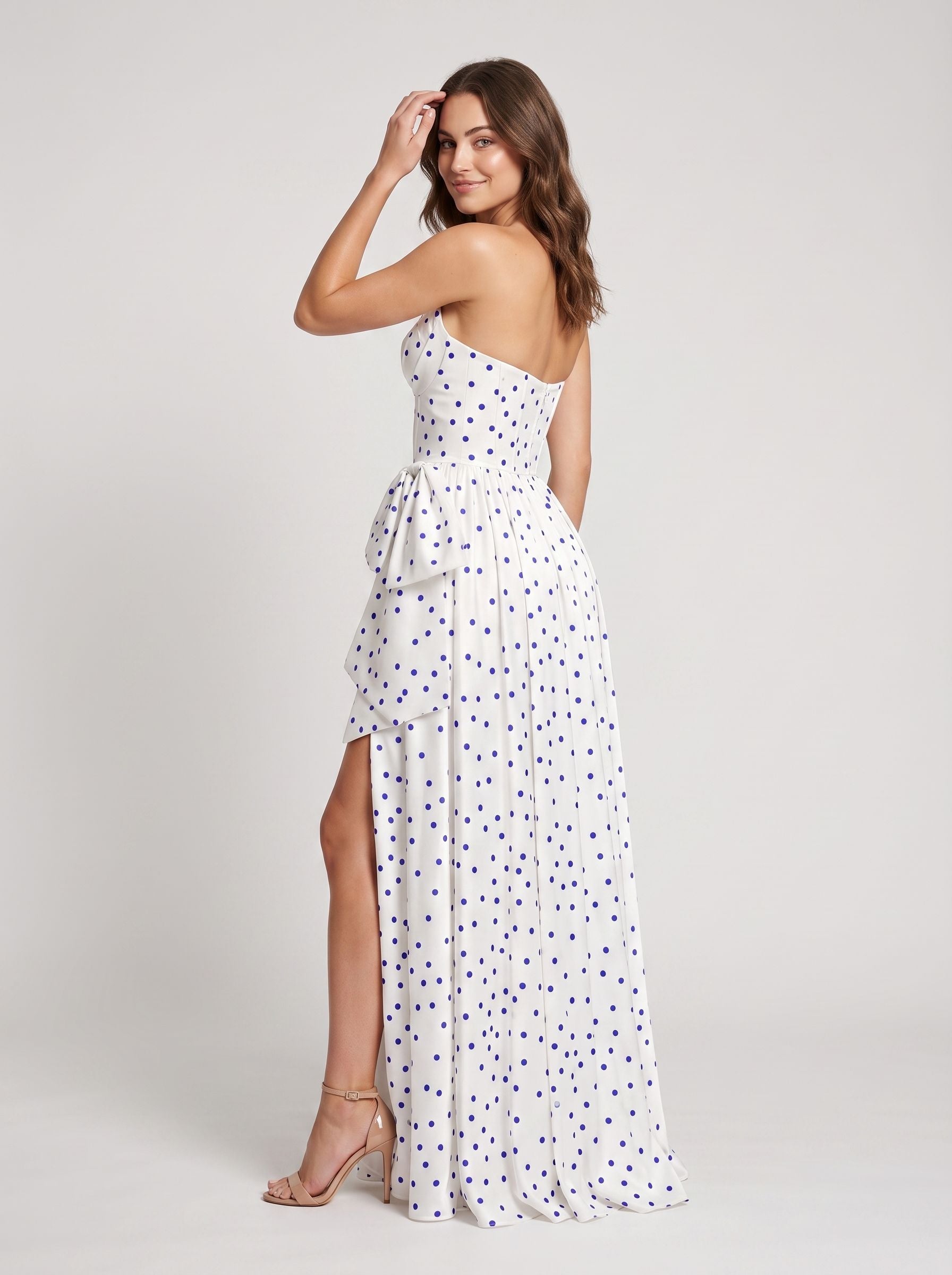 White Satin A-Line Sweetheart Back Zip Floor-Length Dress with Peplum Waist & Slit