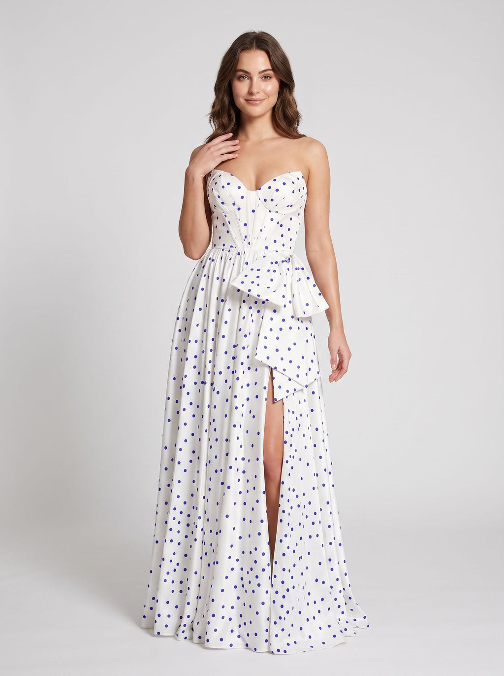 White Satin A-Line Sweetheart Back Zip Floor-Length Dress with Peplum Waist & Slit