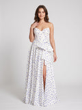 White Satin A-Line Sweetheart Back Zip Floor-Length Dress with Peplum Waist & Slit