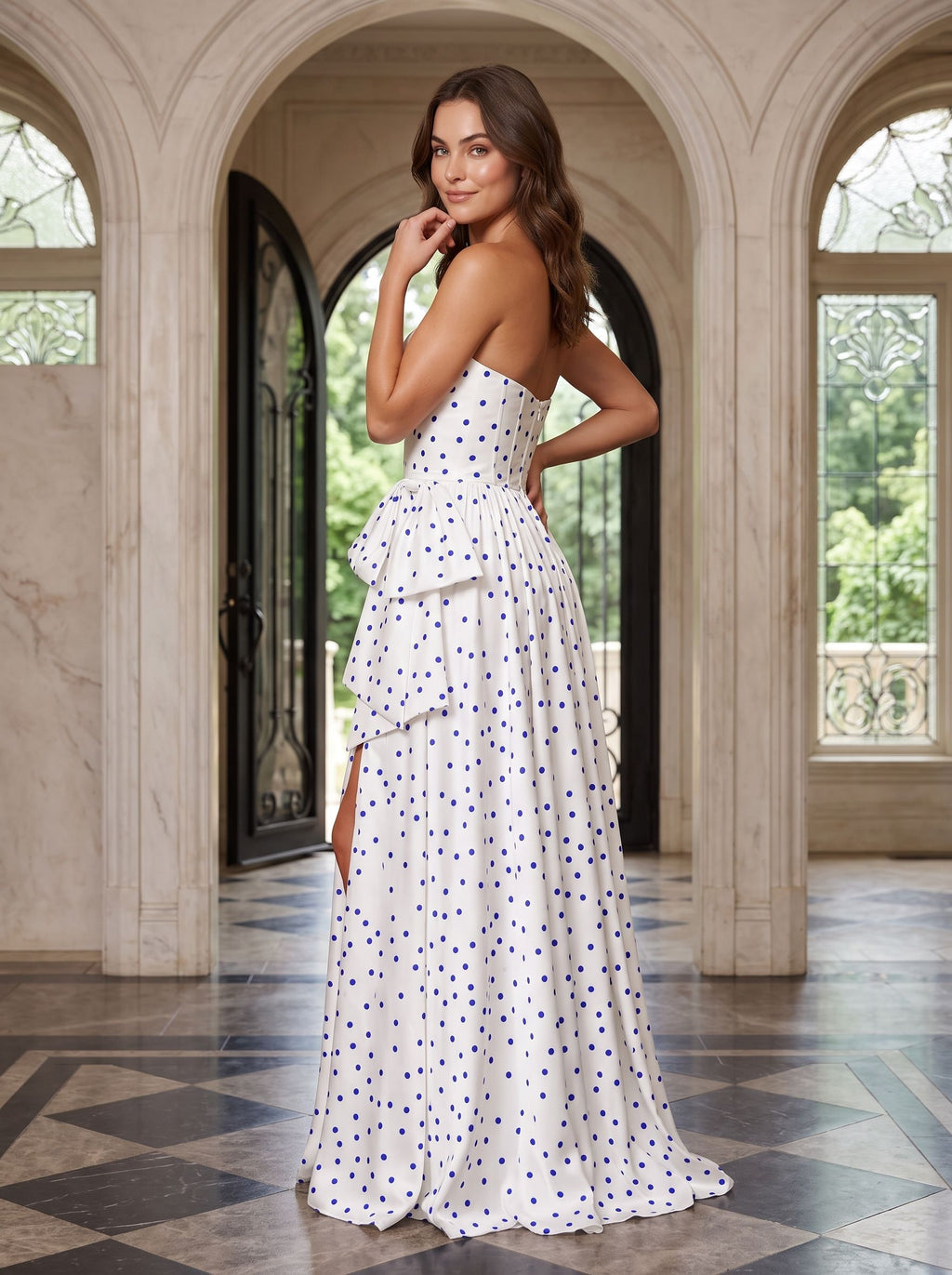 White Satin A-Line Sweetheart Back Zip Floor-Length Dress with Peplum Waist & Slit