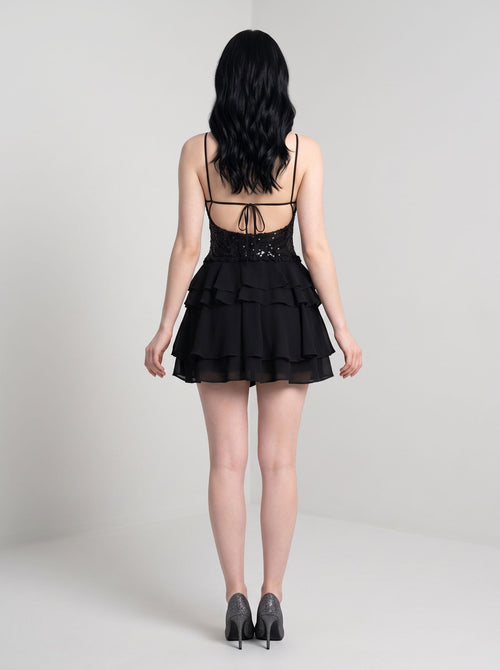 Black Zebra Sequin Chiffon A-Line V-Neck Lace-up Mini Dress with Tiered Ruffle Skirt