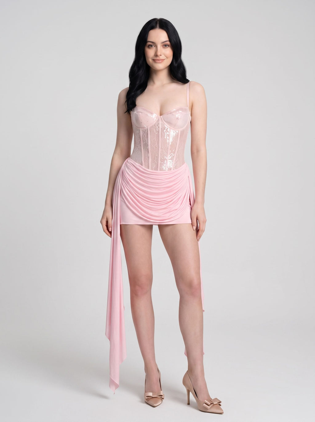 Petal Chiffon Sheath Sweetheart Lace-up Mini Dress with Ruffles