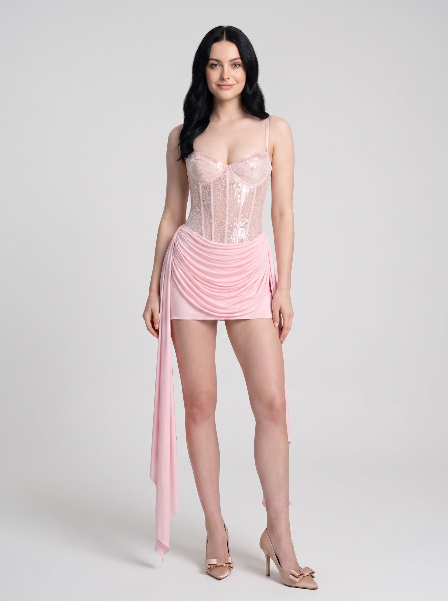 Petal Chiffon Sheath Sweetheart Lace-up Mini Dress with Ruffles