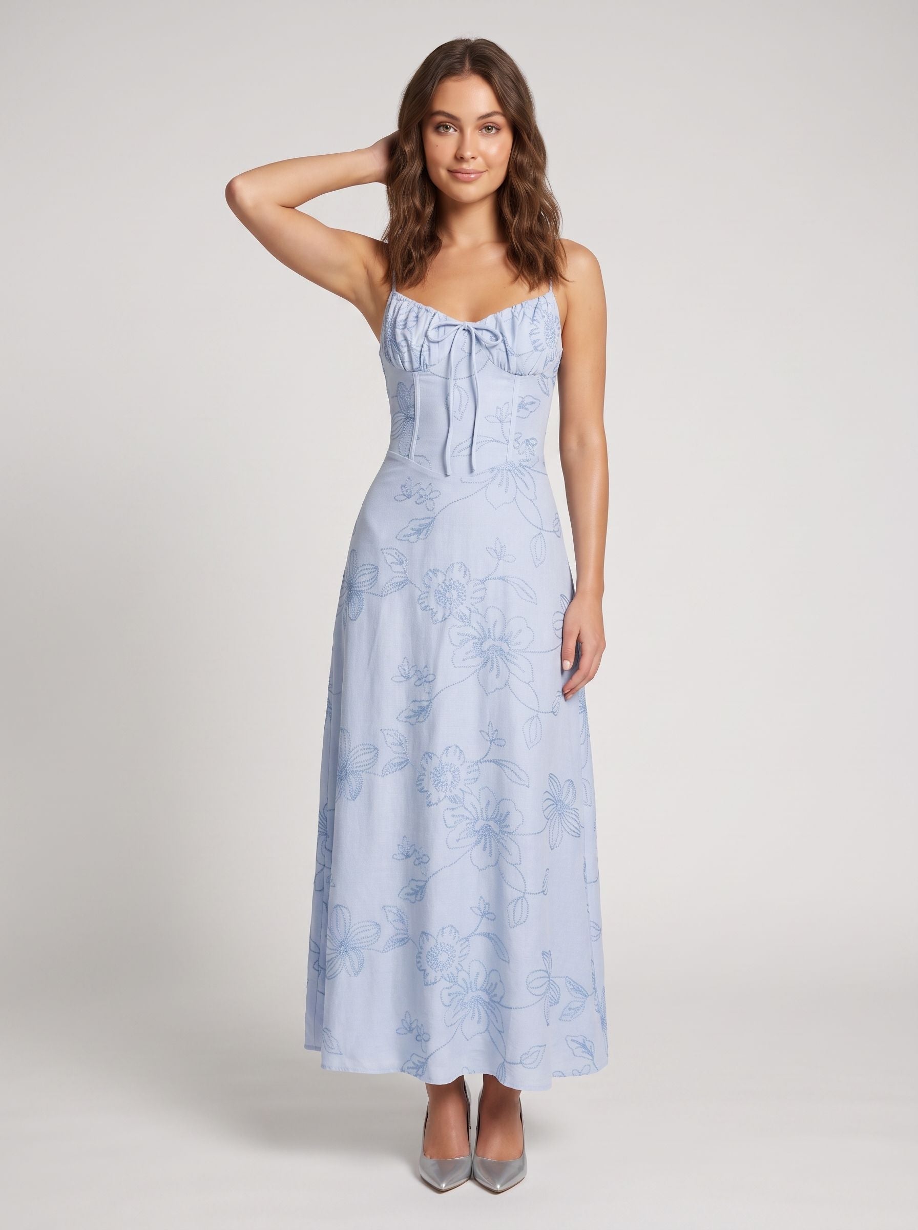 Sky Blue Floral Lace A-Line Sweetheart Lace-up Floor-Length Dress with Lurex Floral Embroidery