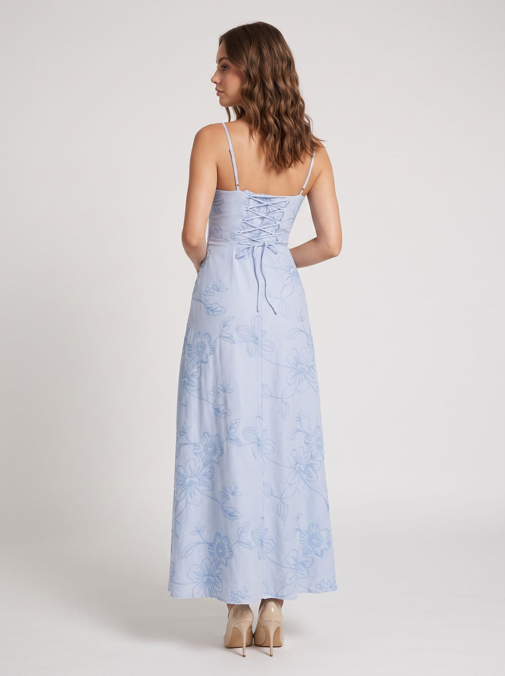 Sky Blue Floral Lace A-Line Sweetheart Lace-up Floor-Length Dress with Lurex Floral Embroidery