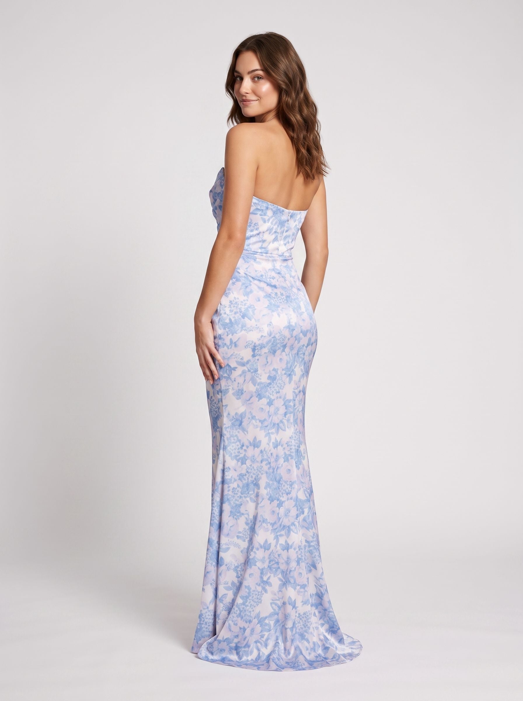 Blue Floral Satin Sheath Straight Neck Back Zip Floor-Length Dress with Side Ruching