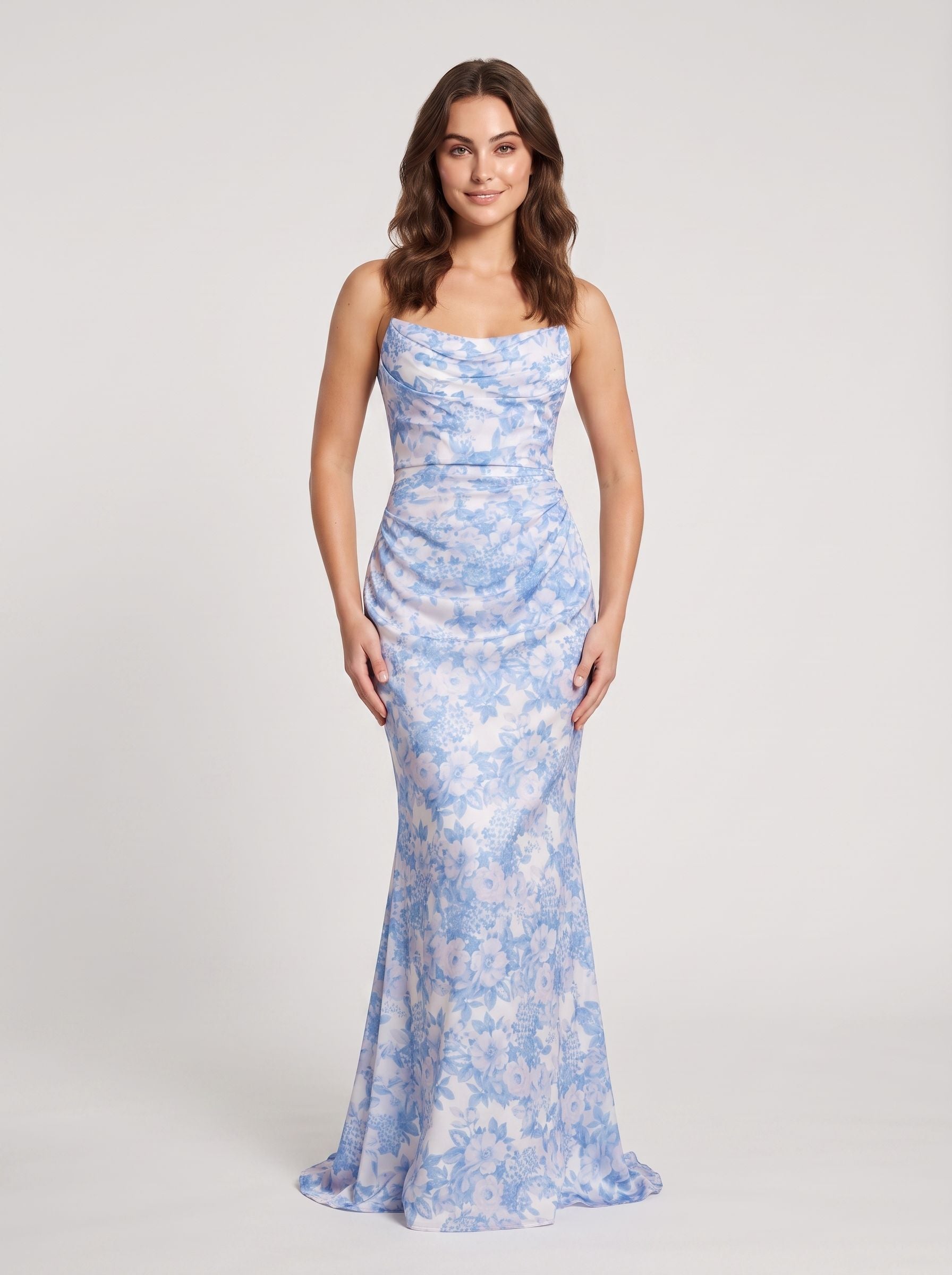 Blue Floral Satin Sheath Straight Neck Back Zip Floor-Length Dress with Side Ruching