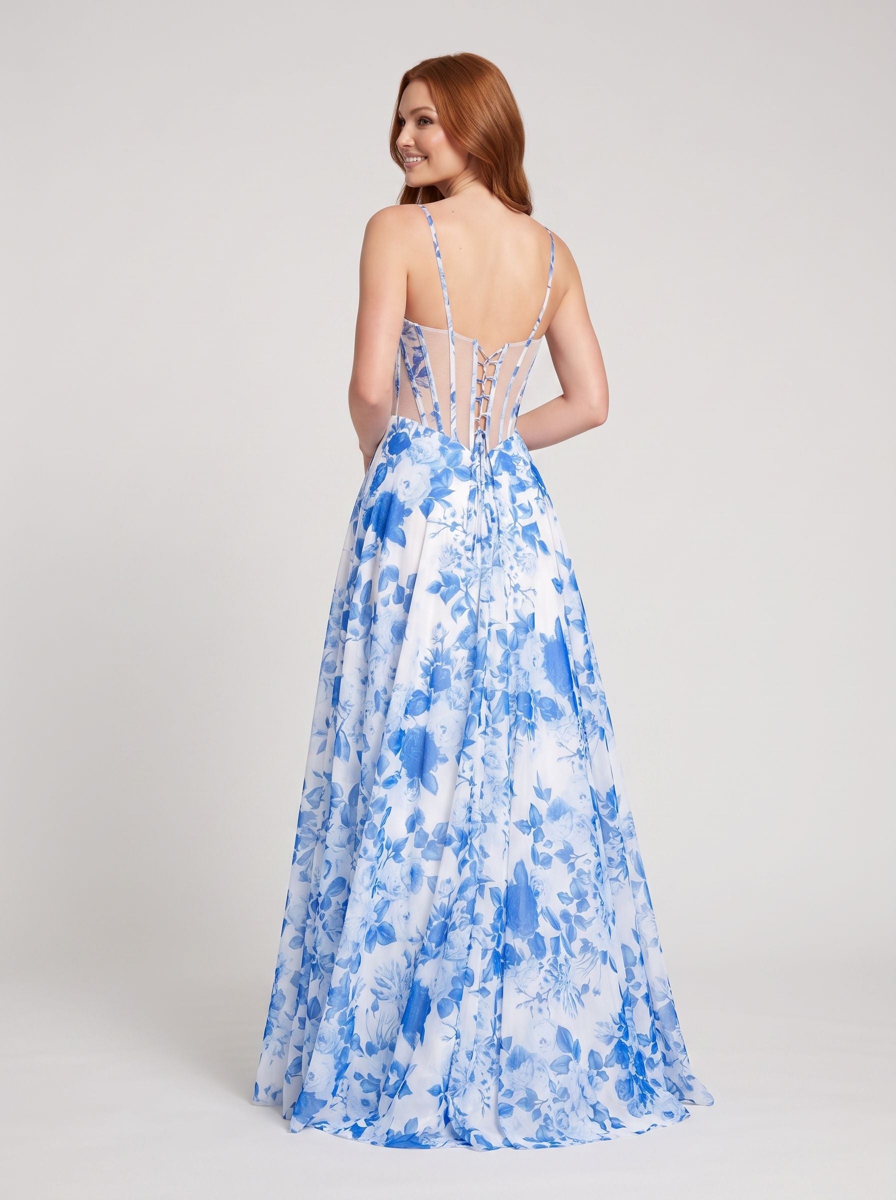 Blue Floral Chiffon A-Line Sweetheart Corset Back Floor-Length Dress with Sheer Bodice
