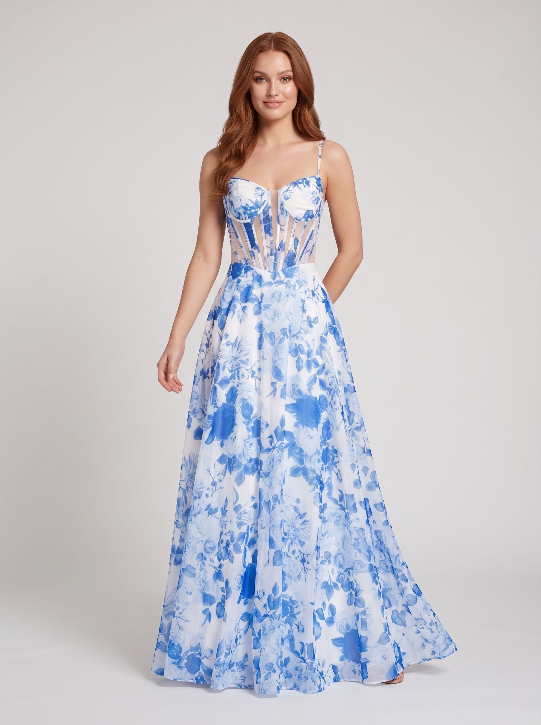 Blue Floral Chiffon A-Line Sweetheart Corset Back Floor-Length Dress with Sheer Bodice