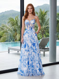 Blue Floral Chiffon A-Line Sweetheart Corset Back Floor-Length Dress with Sheer Bodice