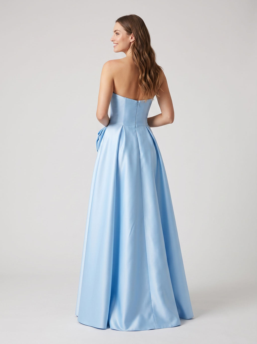 Sky Blue Satin A-Line Sweetheart Back Zip  Floor-Length Dress with Side Pockets