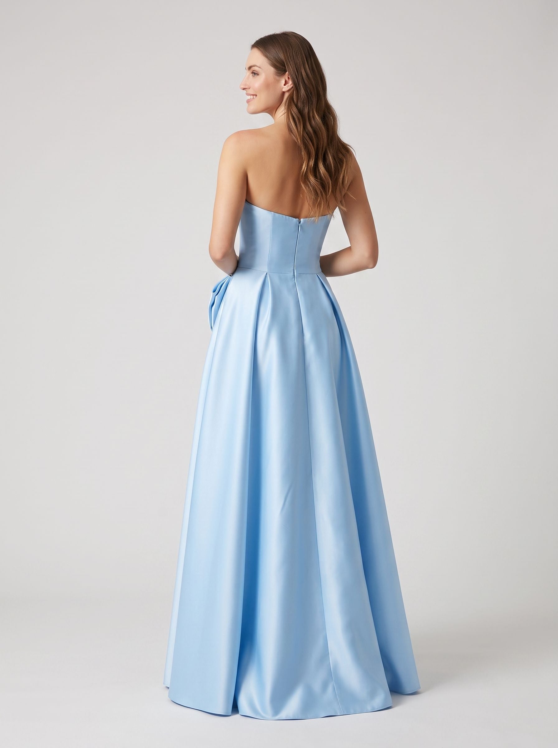 Sky Blue Satin A-Line Sweetheart Back Zip  Floor-Length Dress with Side Pockets