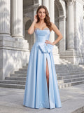 Sky Blue Satin A-Line Sweetheart Back Zip  Floor-Length Dress with Side Pockets