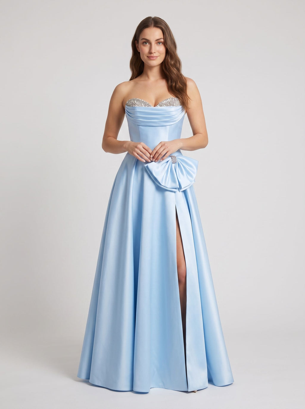 Sky Blue Satin A-Line Sweetheart Back Zip  Floor-Length Dress with Side Pockets