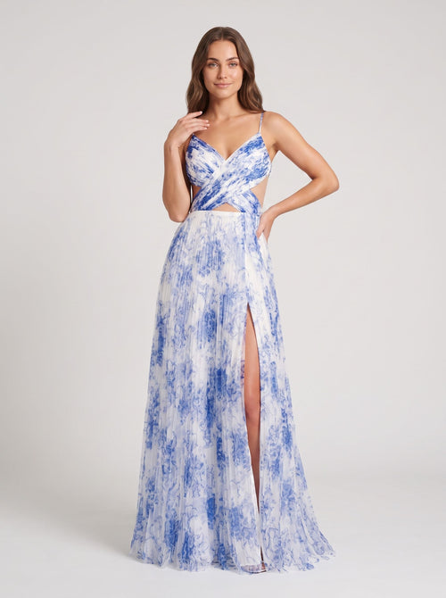 Blue Print Chiffon A-Line V-Neck V-Back Floor-Length Dress with Sheer Side Cutouts and Slit