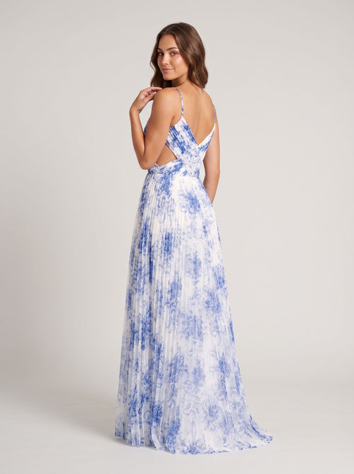 Blue Print Chiffon A-Line V-Neck V-Back Floor-Length Dress with Sheer Side Cutouts and Slit