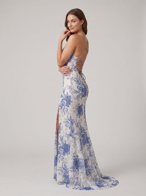 Blue Print Lace Sheath V-Neck Lace-up Floor-Length Dress with Leg Slit