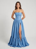 Steel Blue Satin A-Line Straight Neck Back Zip Floor-Length Dress with Split Front