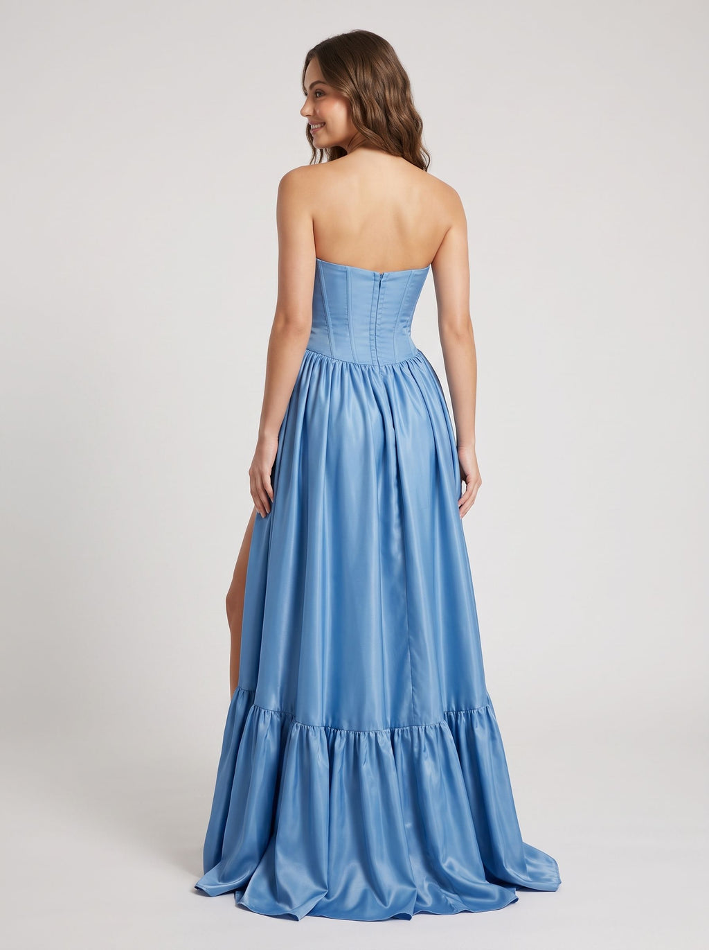 Steel Blue Satin A-Line Straight Neck Back Zip Floor-Length Dress with Split Front