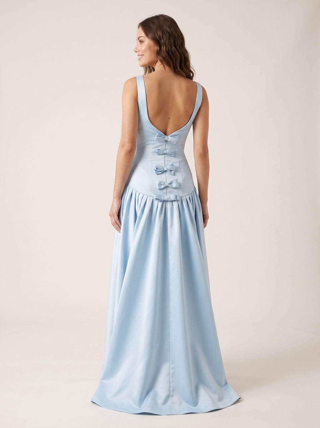 Sky Blue Satin Mermaid Square Neck Backless Floor-Length Dress with an Oversized Bow