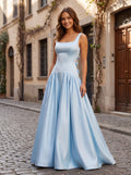 Sky Blue Satin Mermaid Square Neck Backless Floor-Length Dress with an Oversized Bow