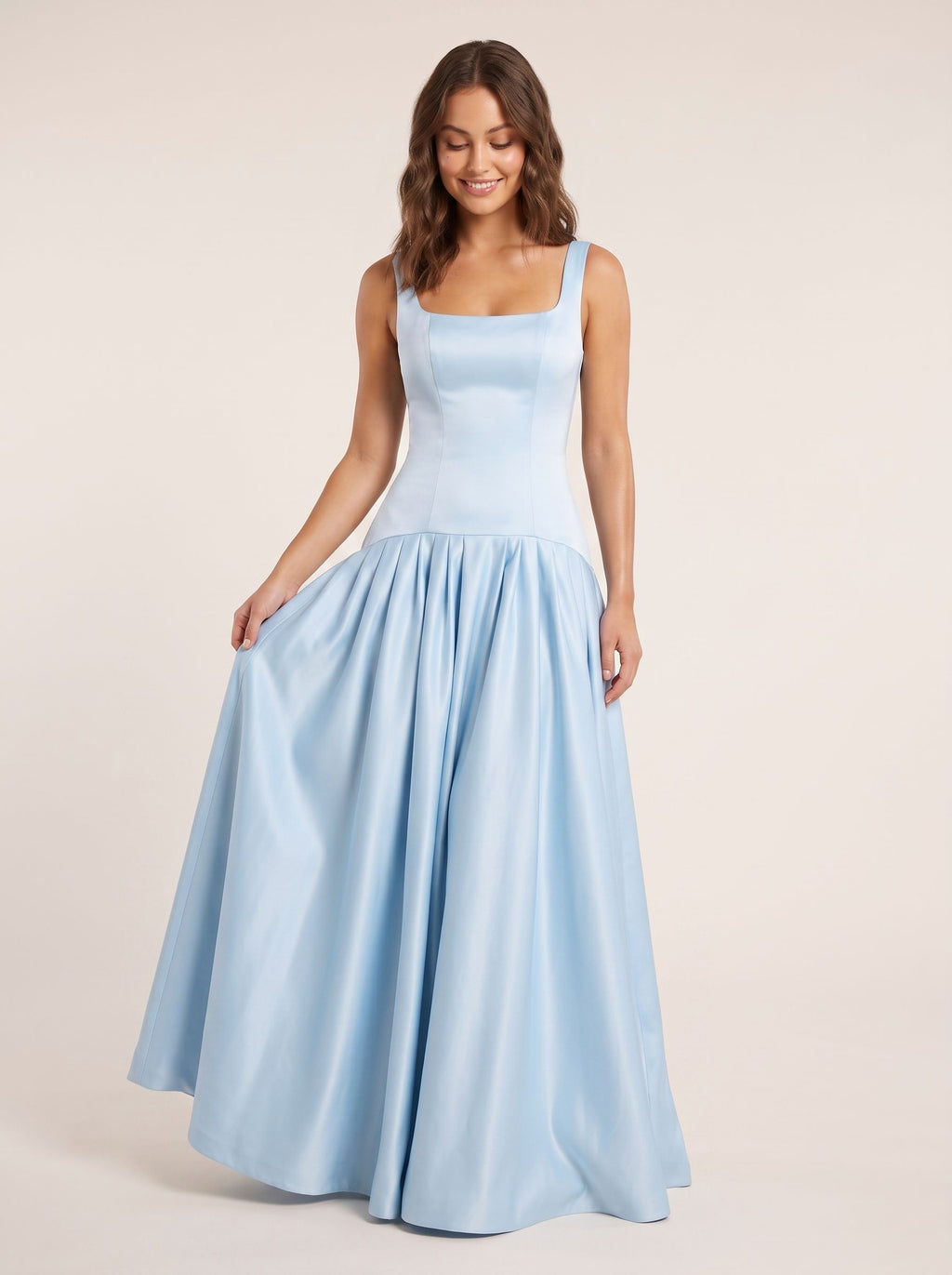 Sky Blue Satin Mermaid Square Neck Backless Floor-Length Dress with an Oversized Bow