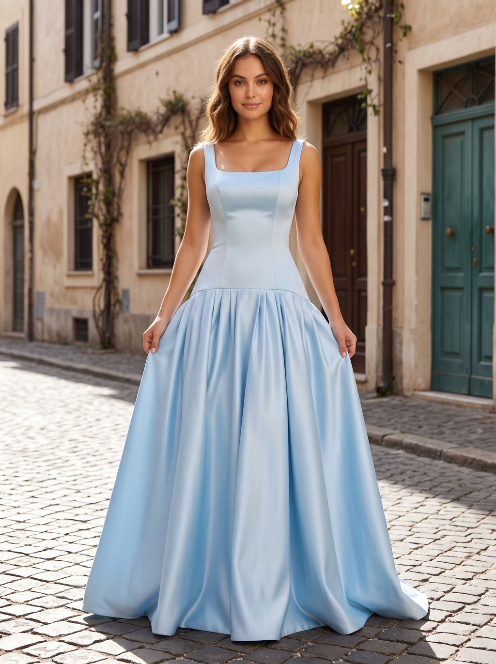 Sky Blue Satin Mermaid Square Neck Backless Floor-Length Dress with an Oversized Bow