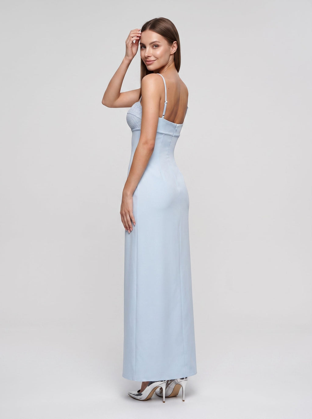 Sky Blue Satin Column V-Neck Backless Floor-Length Dress with Lace Cups