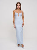 Sky Blue Satin Column V-Neck Backless Floor-Length Dress with Lace Cups