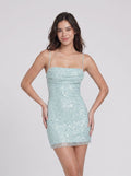 Blue Sequins Sheath/column Cowl Neck Criss-Cross Straps Short Dress with Draped Bodice
