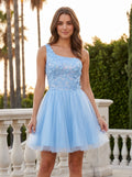 Sky Blue Tulle A-Line One Shoulder Lace-up Short Dress with Beaded Bodice