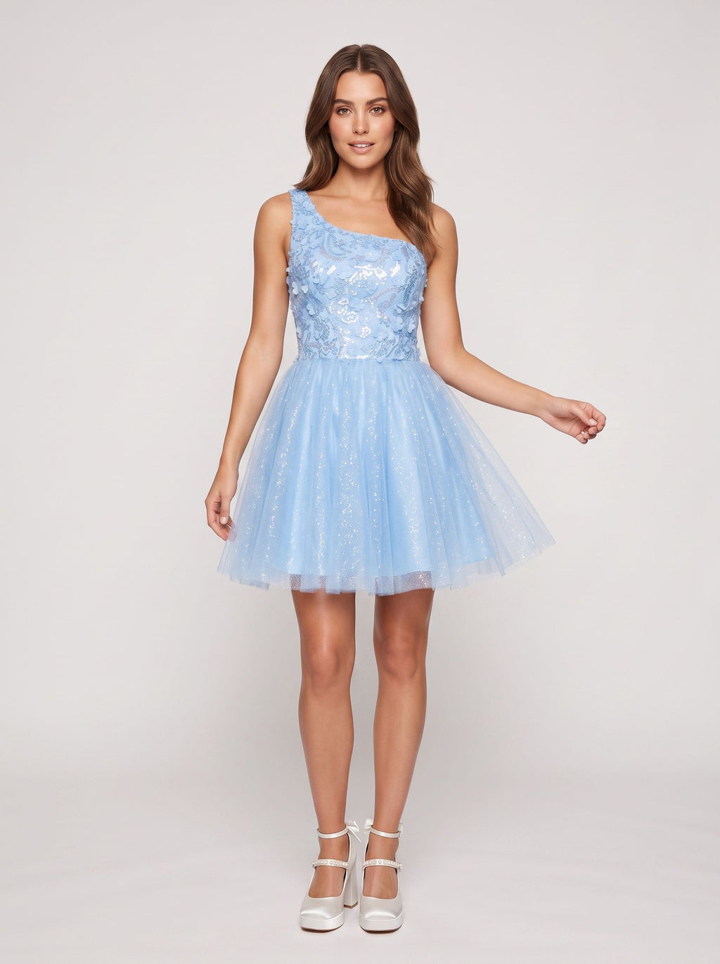 Sky Blue Tulle A-Line One Shoulder Lace-up Short Dress with Beaded Bodice
