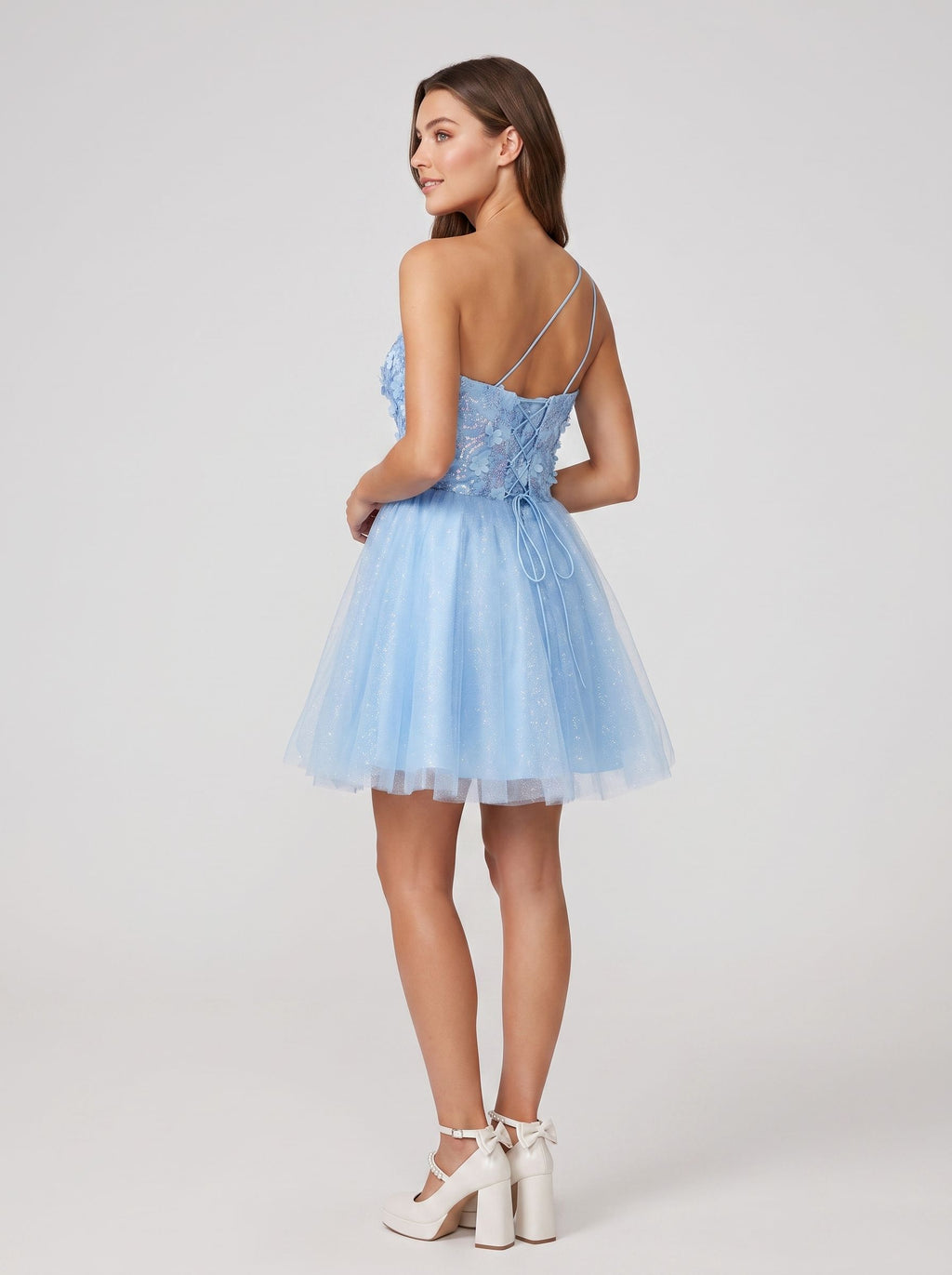 Sky Blue Tulle A-Line One Shoulder Lace-up Short Dress with Beaded Bodice