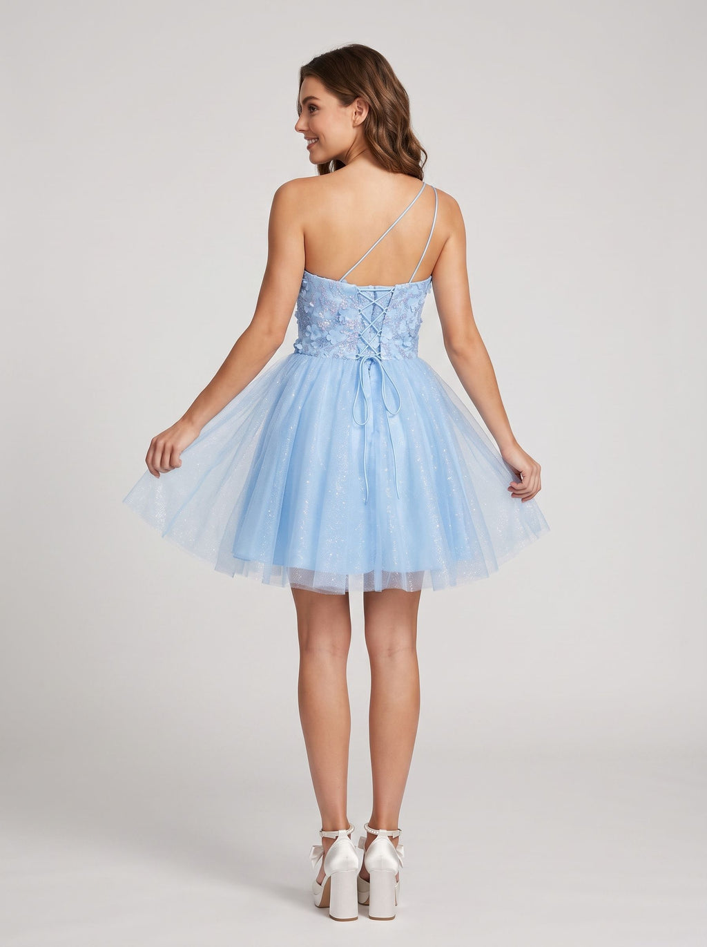 Sky Blue Tulle A-Line One Shoulder Lace-up Short Dress with Beaded Bodice