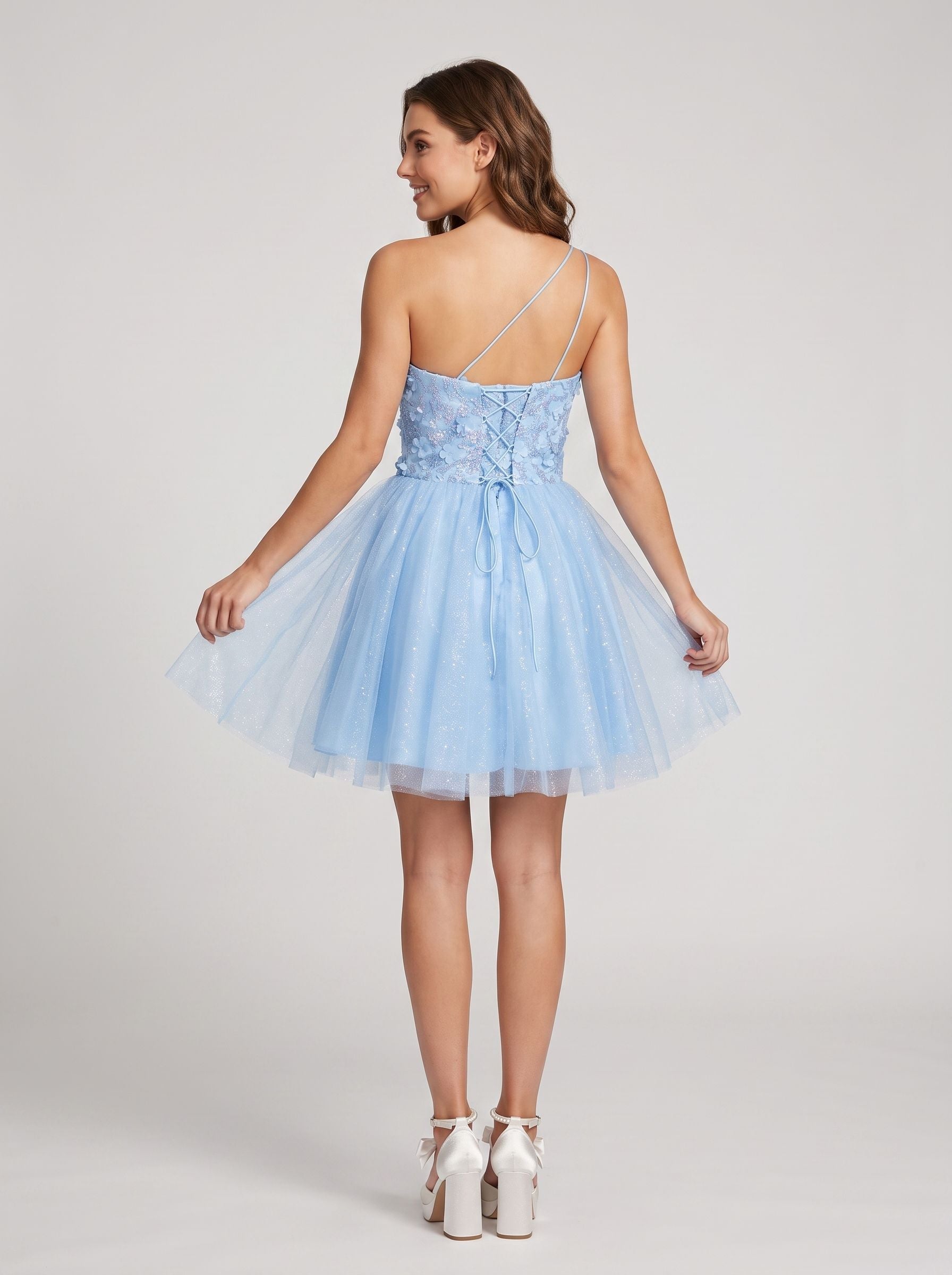 Sky Blue Tulle A-Line One Shoulder Lace-up Short Dress with Beaded Bodice