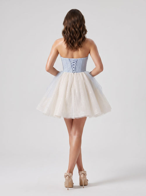 Blue Tulle A-Line Sweetheart Criss-Cross Straps Short Dress with Beaded Butterfly Pattern