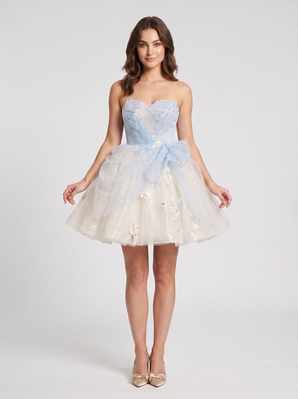 Blue Tulle A-Line Sweetheart Criss-Cross Straps Short Dress with Beaded Butterfly Pattern