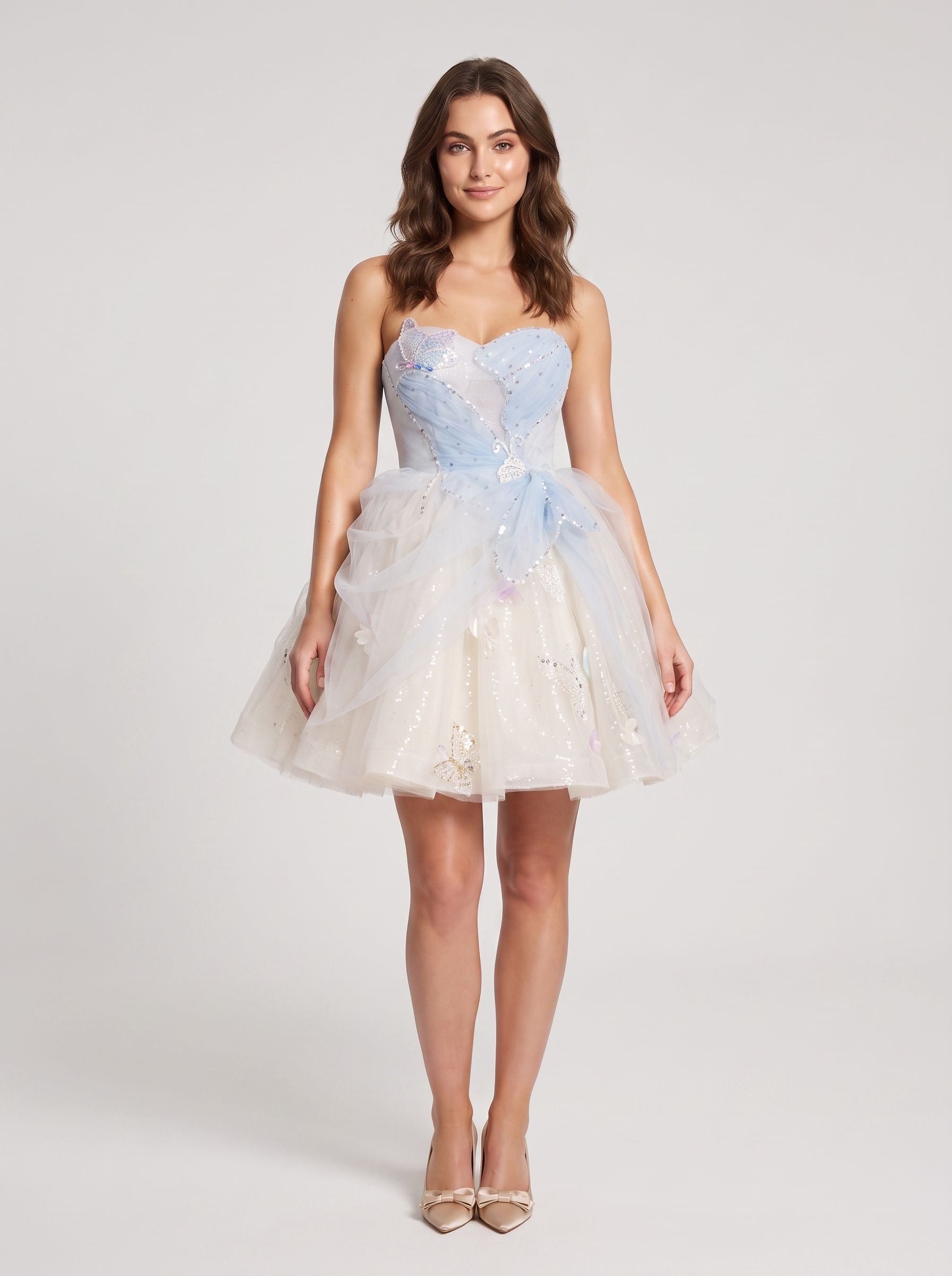 Blue Tulle A-Line Sweetheart Criss-Cross Straps Short Dress with Beaded Butterfly Pattern