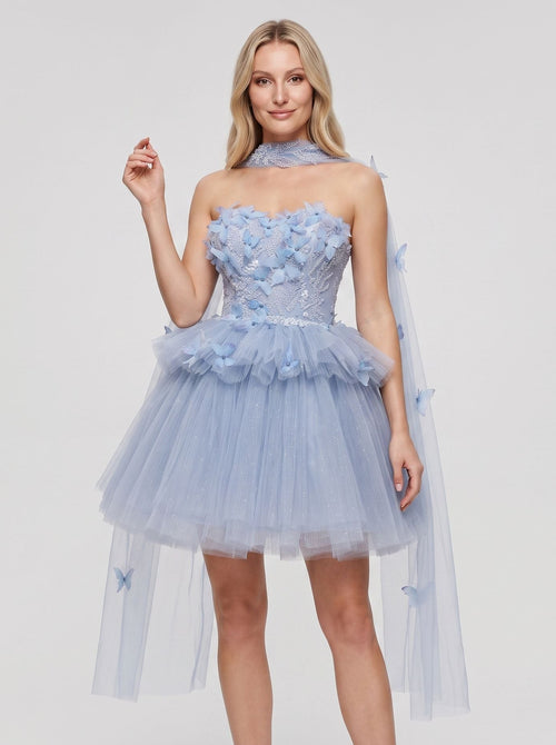 Blue Tulle A-Line Sweetheart Lace-up Short Dress with 3D Butterflies