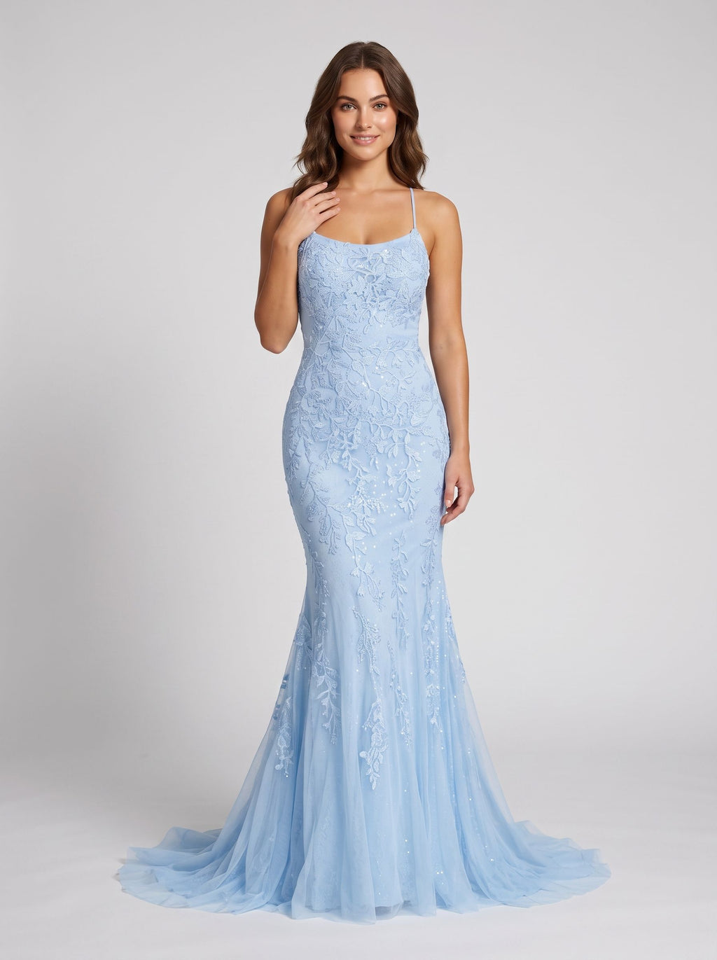 Sky Blue Tulle Mermaid Scoop Neck Neck Lace-up Floor-Length Dress with Lace Appliques