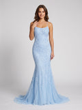 Sky Blue Tulle Mermaid Scoop Neck Neck Lace-up Floor-Length Dress with Lace Appliques