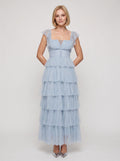Mist Tulle A-Line Square Neck Backless Ankle-Length Dress with Tiered Ruffle Skirt and Front Cut-out
