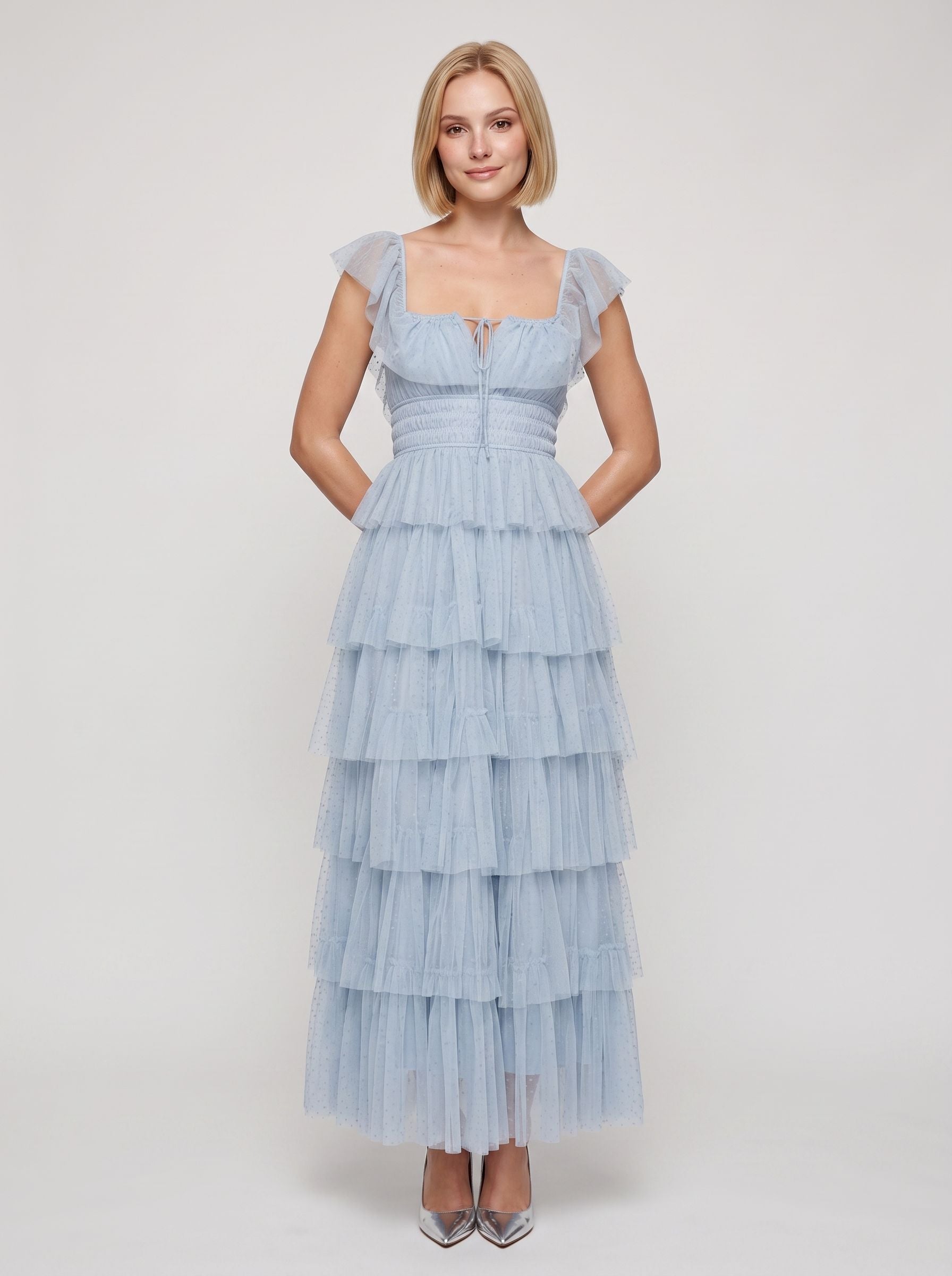Mist Tulle A-Line Square Neck Backless Ankle-Length Dress with Tiered Ruffle Skirt and Front Cut-out