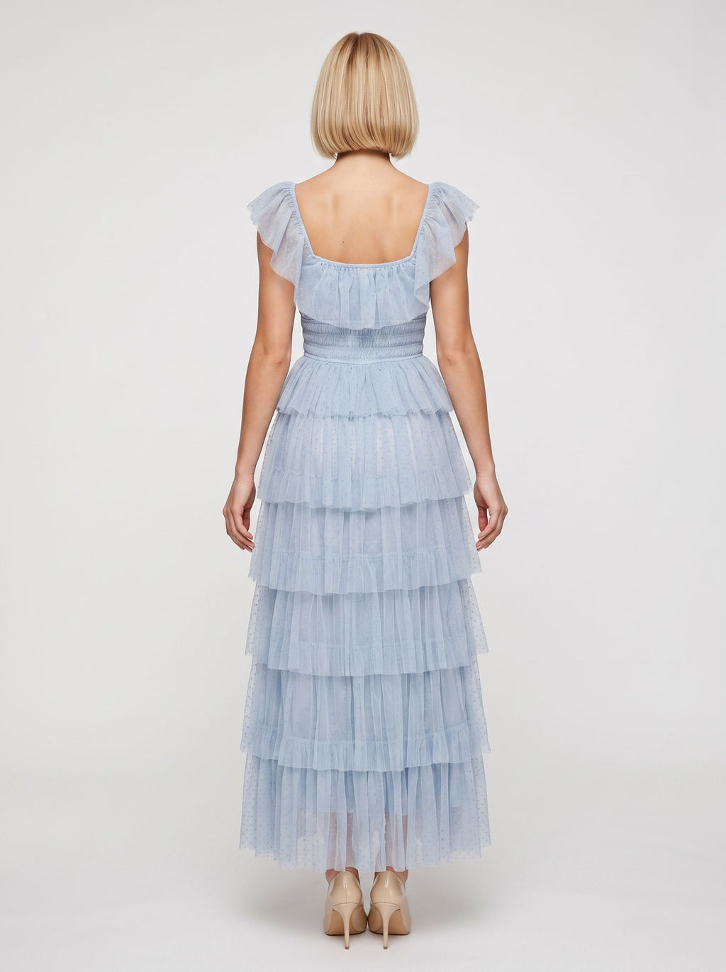 Mist Tulle A-Line Square Neck Backless Ankle-Length Dress with Tiered Ruffle Skirt and Front Cut-out