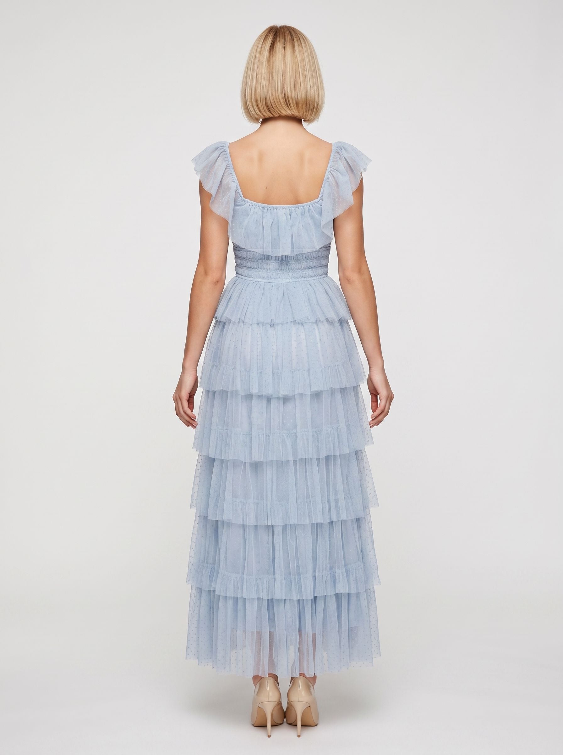 Mist Tulle A-Line Square Neck Backless Ankle-Length Dress with Tiered Ruffle Skirt and Front Cut-out