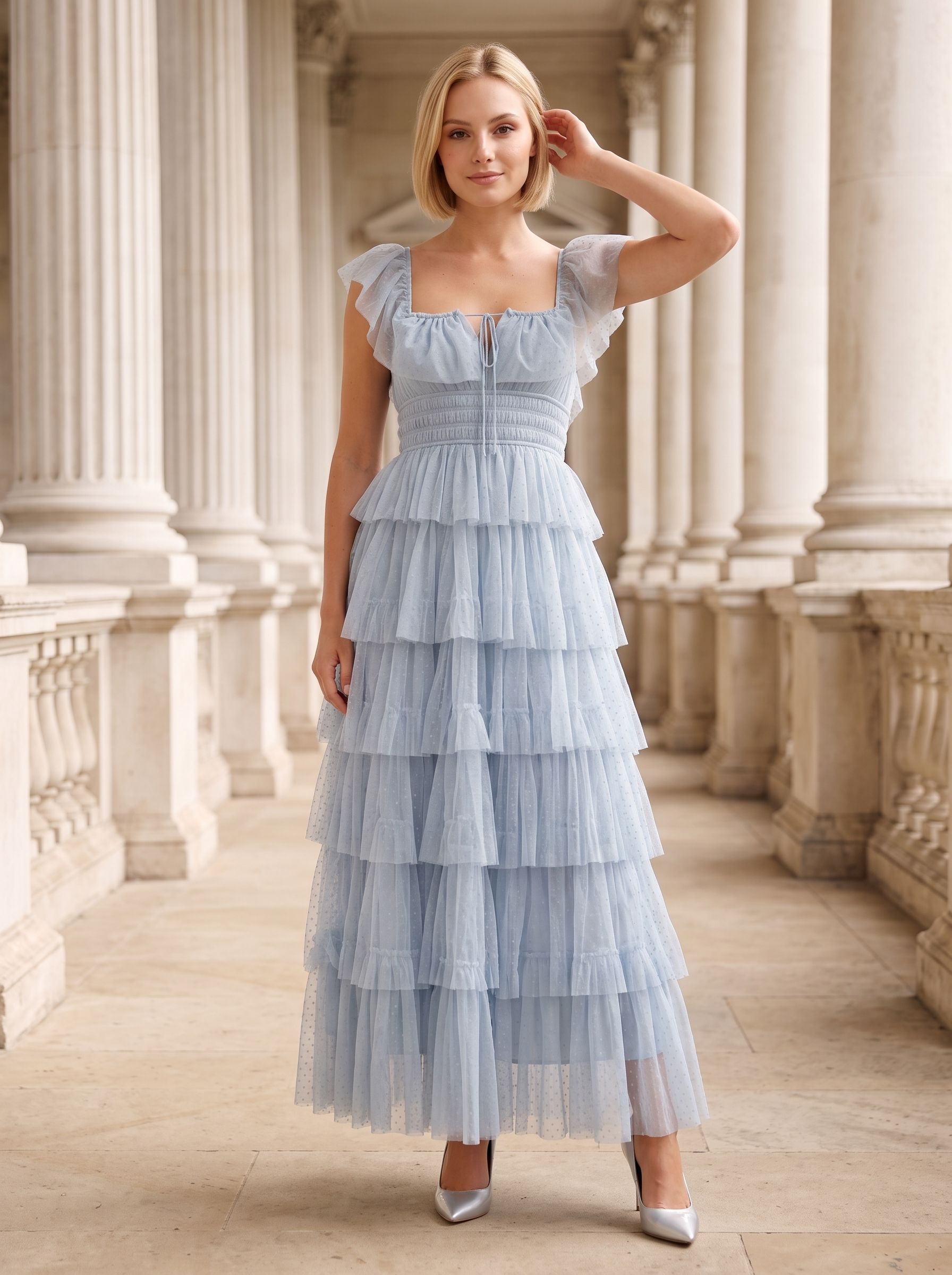 Mist Tulle A-Line Square Neck Backless Ankle-Length Dress with Tiered Ruffle Skirt and Front Cut-out