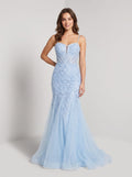 Sky Blue Tulle Trumpet Sweetheart Lace-up Floor-Length Dress with Sequin Embroidery and Sweep Train