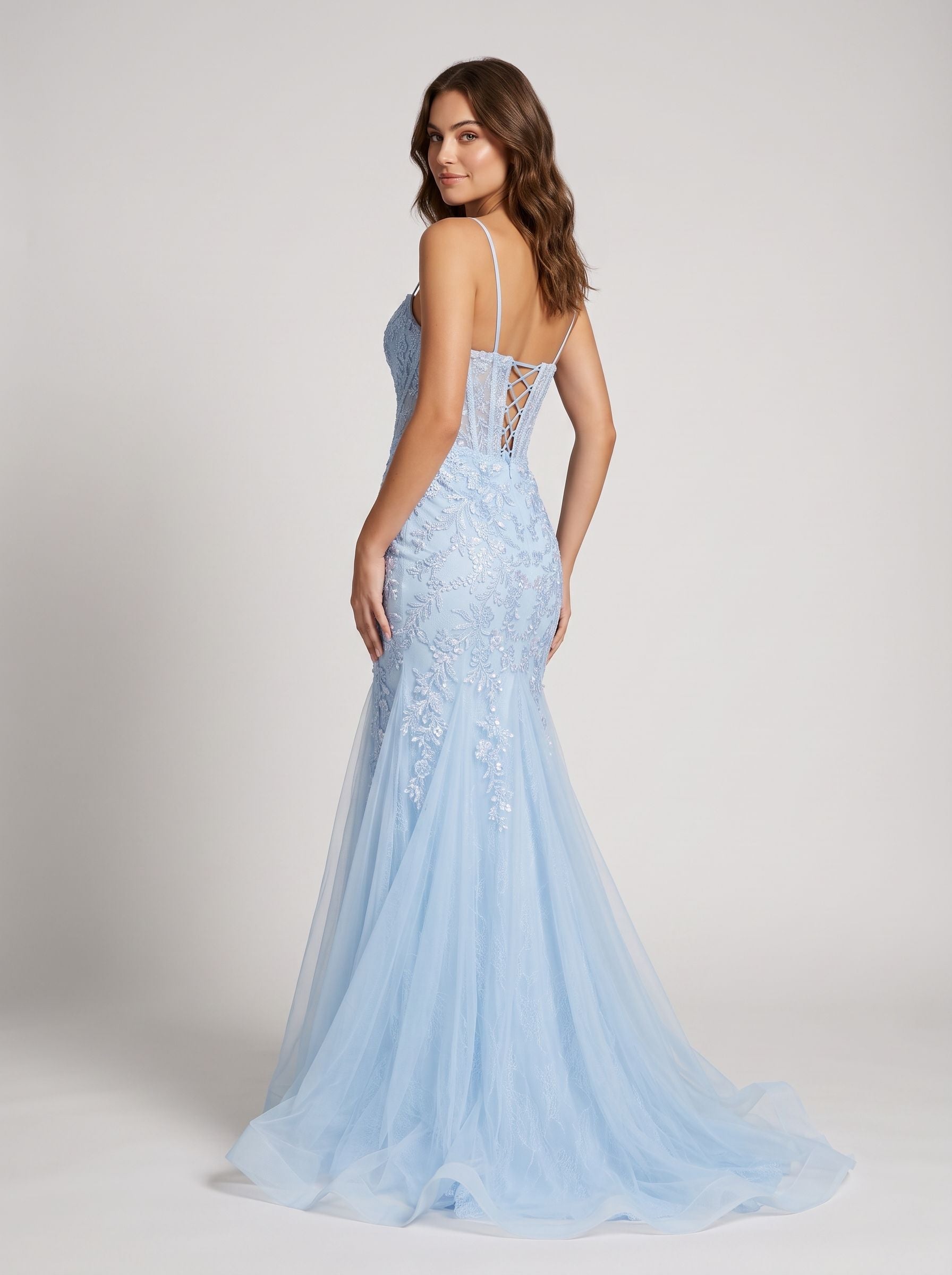 Sky Blue Tulle Trumpet Sweetheart Lace-up Floor-Length Dress with Sequin Embroidery and Sweep Train