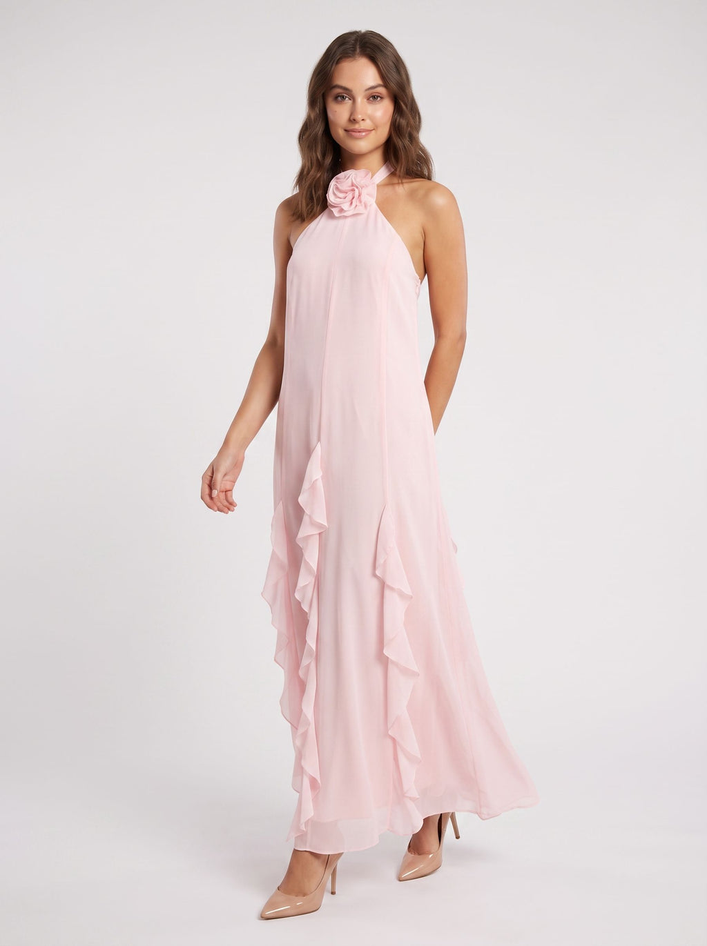 Blushing Pink Chiffon A-Line Halter neckline Back Zip Floor-Length Dress with 3D Flowers and Ruffles