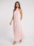 Blushing Pink Chiffon A-Line Halter neckline Back Zip Floor-Length Dress with 3D Flowers and Ruffles